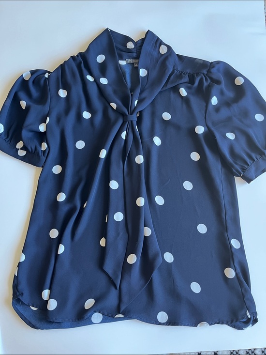 Adrianna Papell Tops - Adrianna Papell Navy and White Polka Dot Tie-Neck Blouse